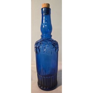Vintage Cobalt Blue Glass Bottle Decanter w Cork Floral Embossed Design